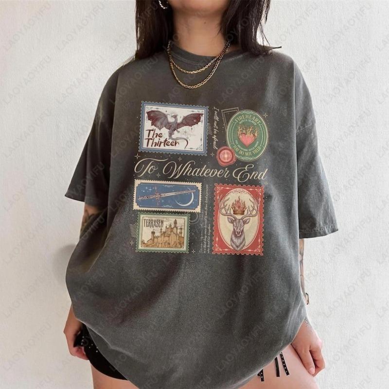 

TOG Book Stamps Cotton Shirts Terrasen The Thirteen Aelin Fireheart Retro Printed Tops TOG Series Gift For Book Lover Ropa Mujer S