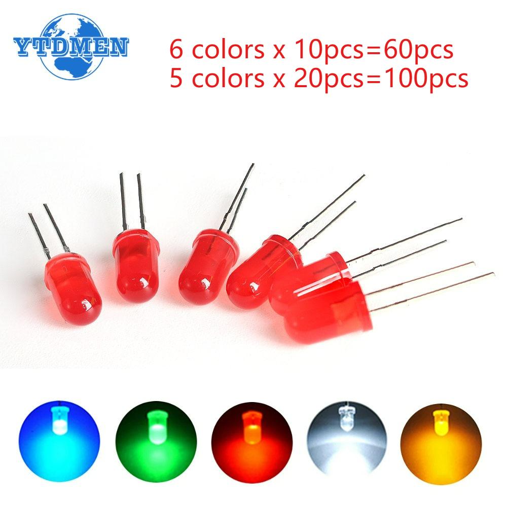 60/100pcs 5mm LED Kit DIY F5 Light Emitting LED Diode White Green Red Blue Yellow Orange for Arduino