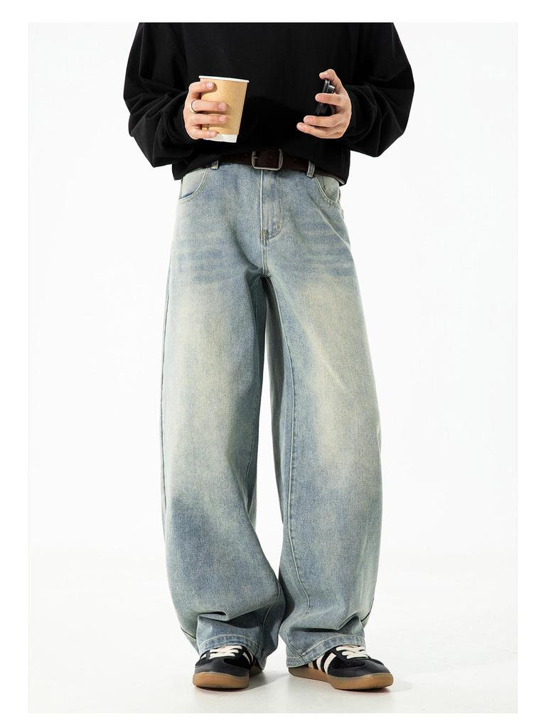 Men's Retro Silhouette Washed Jeans - Autumn High Street Style, Loose Straight Leg Trousers