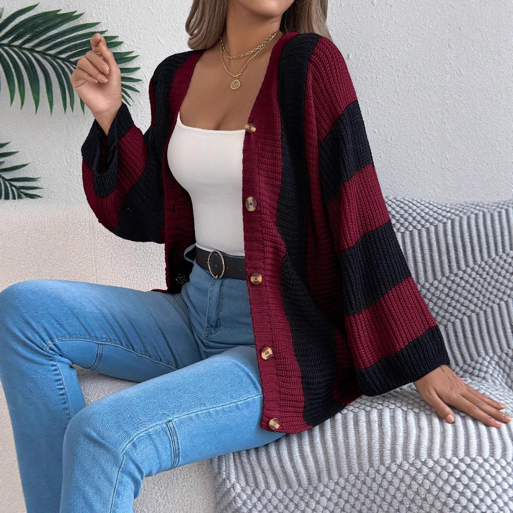QICED Autumn and Winter Color-blocking Striped Flared Sleeve Cardigan Sweater Mid-length Coat Women's Wear