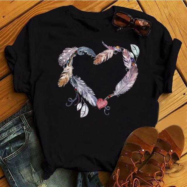 New Women Black T Shirt Feather Flower Love Heart Printed Tops Ladies Female Cute Graphic Tee Shirts Women O-Neck T-Shirts Tops