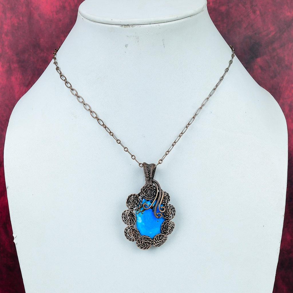 Tibetan Turquoise Gemstone Pendant Flower Pendant Copper Wire Wrapped Jewelry
