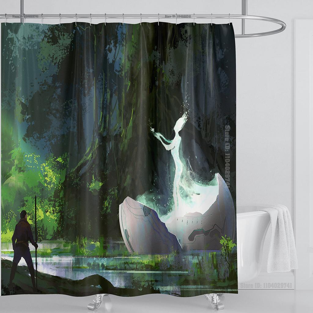 Illustration Japanese Chinese Style Art Print Polyester Washable Waterproof Shower Curtain Bathroom Decoration Bathtub With Hook