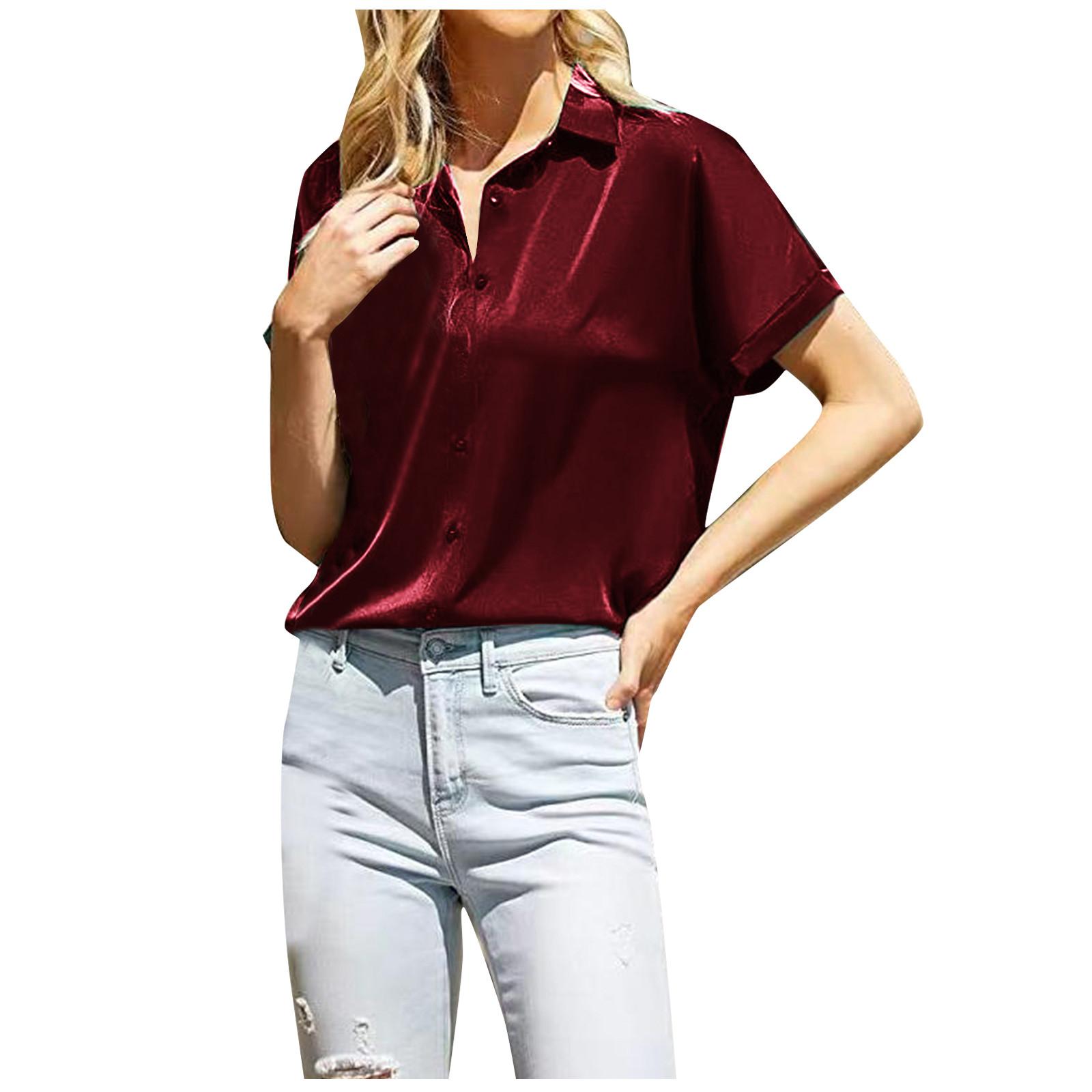 

Шелковая блузка для женщин, атласные рубашки на пуговицах с коротким рукавом, повседневная свободная деловая рабочая туника с v-образным вырезом, топ XL