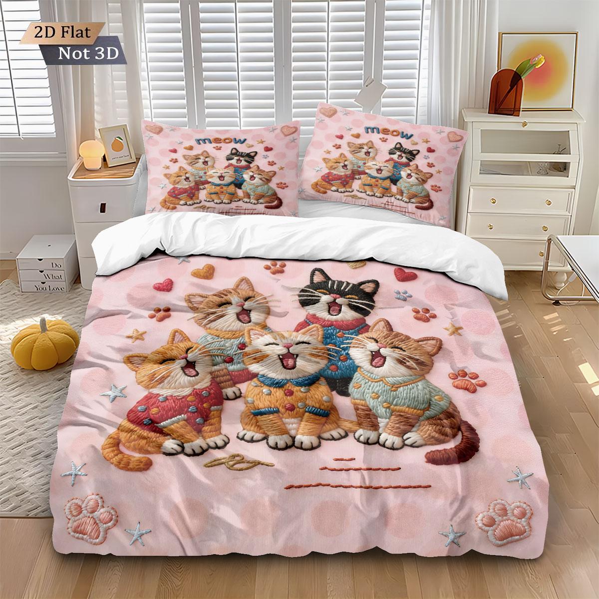 

3pcs Cartoon Cute Cat Printed Coreless Down Duvet Cover Set, Multi Size Bedroom Bedding Decoration, Machine Washable 135x200cm-EU-Single&set