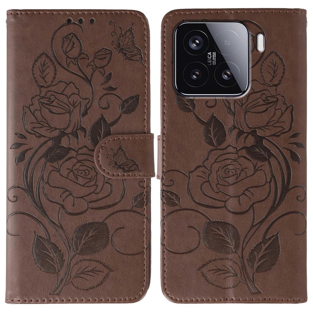 For Xiaomi 15 Case Wallet Stand Imprinted Rose Butterfly PU Leather Phone Cover