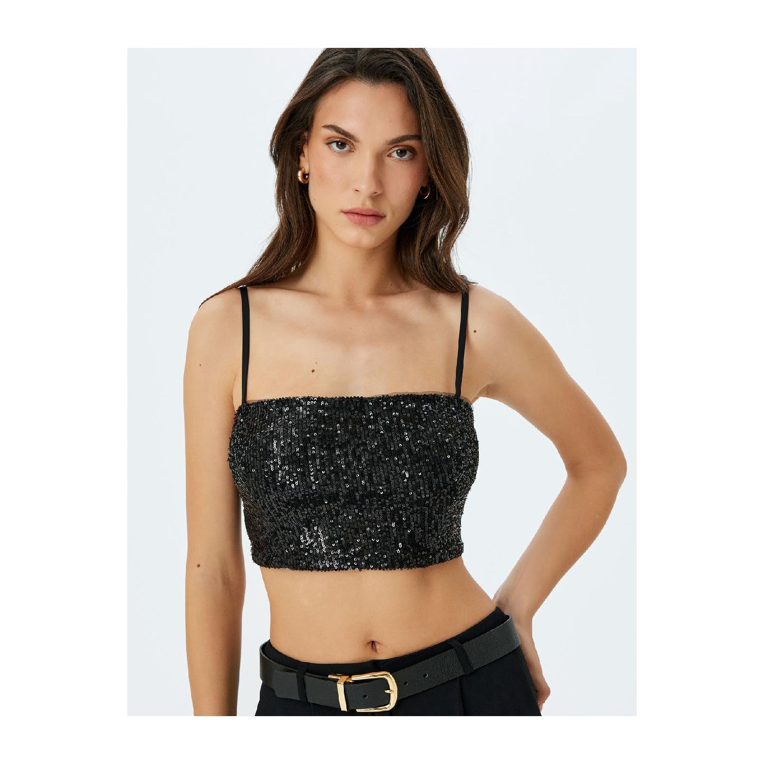 

Square Neck Crop Blouse With Sequined Straps чёрный