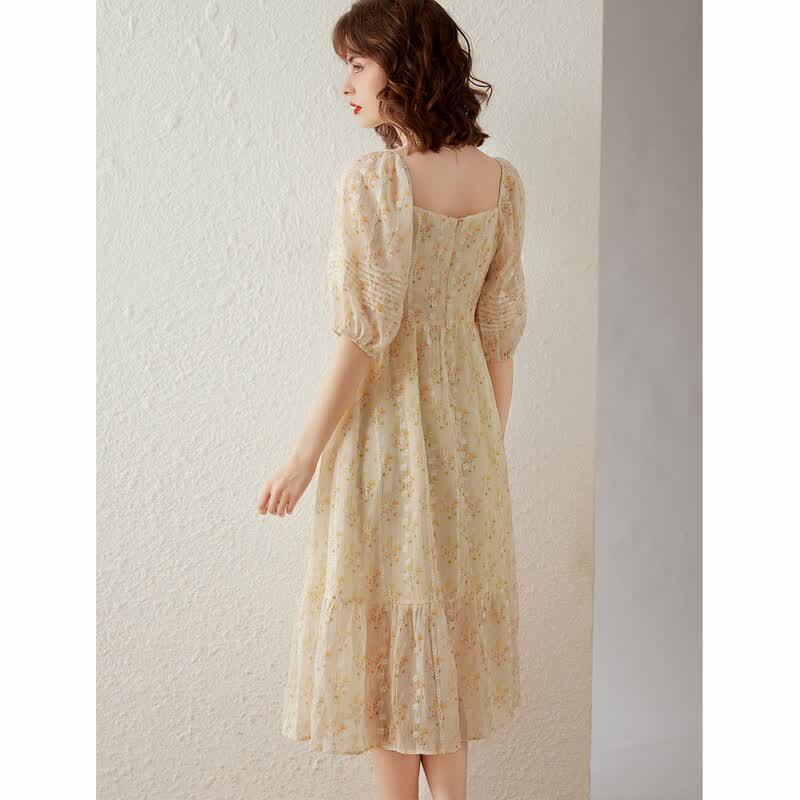 Süßes Blumiges Quadratischer Ausschnitt Puffärmel Rüschen Maxikleid