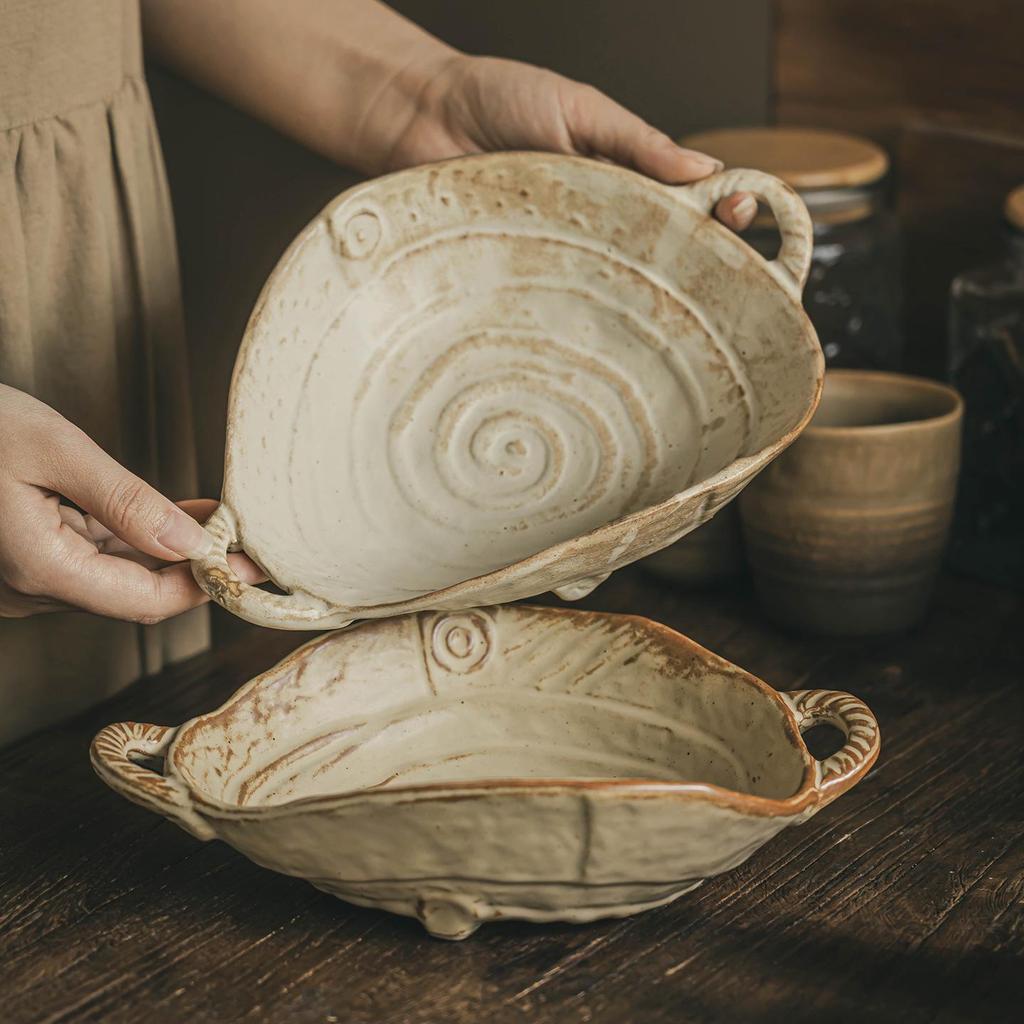 Handcrafted Double-Ear Coarse Pottery Bowl: Elegant Tableware for Salads, Fruits, and More