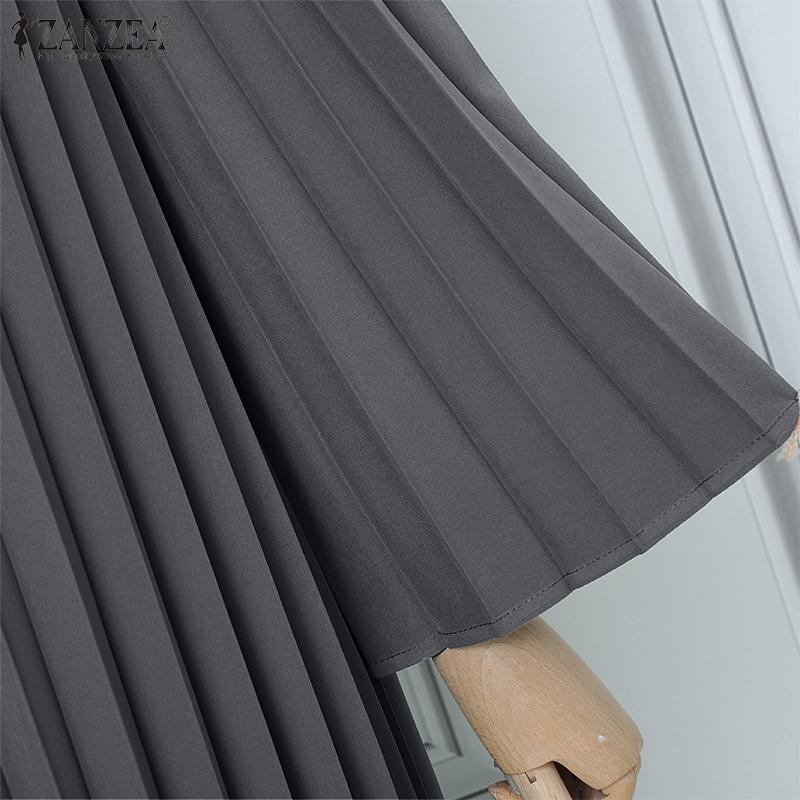 ZANZEA Women Casual Round Neck Loose Long Sleeve Pleated Dress