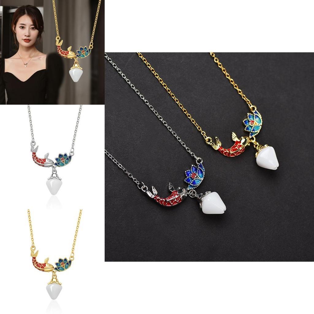 Floral Design Exquisite Koi Lotus Pendant Necklace For Women In Gold And Colors Silver
