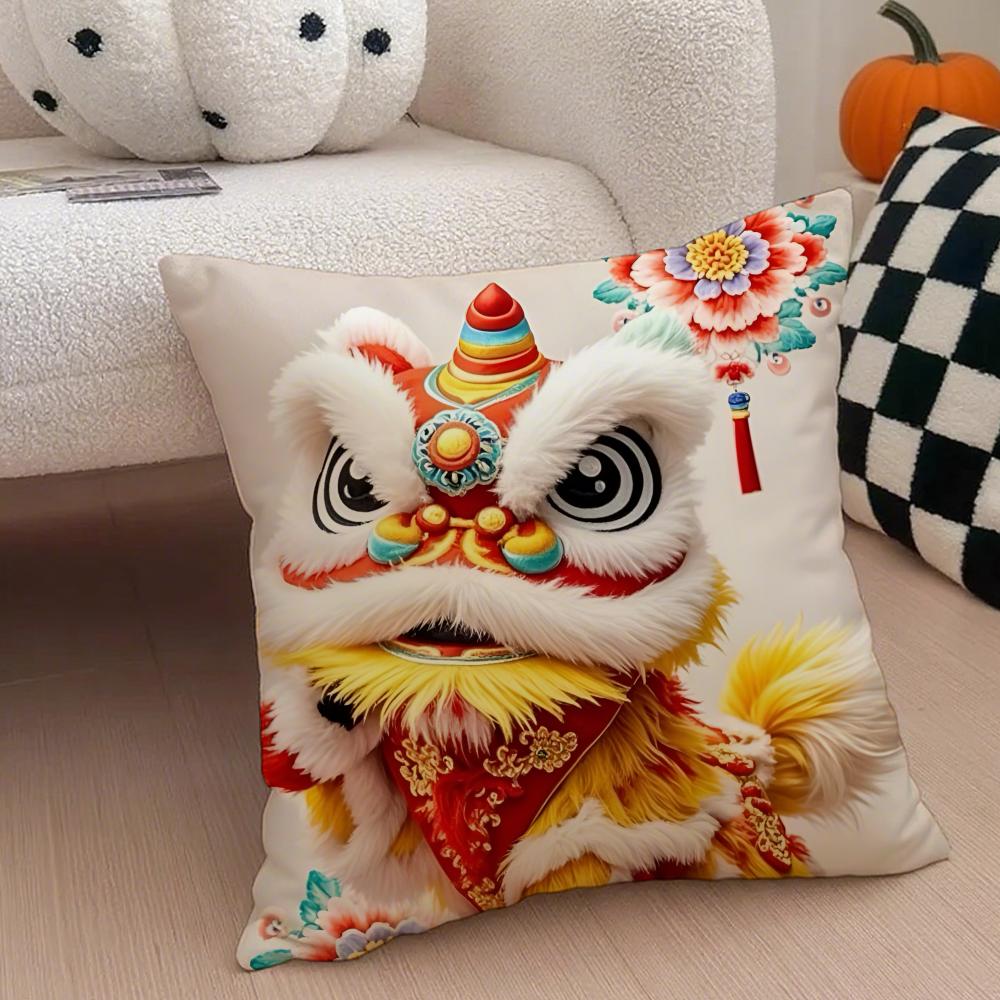Festive Traditional Dancing Lion Anime Lucky Cushion Cover Linen Pillow Case Soft Breathable Protective Couch Room Decoration