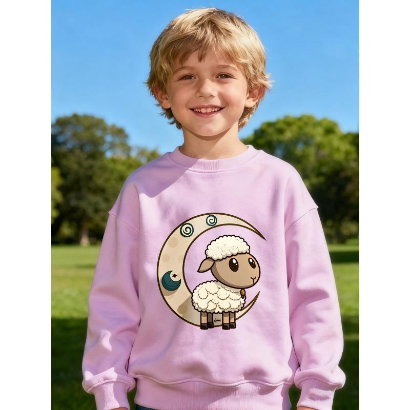 Children Sweatshirt Cute Sheep And Moon Print Gift for Boys And Girls Black White Pink Options Casual Fashion