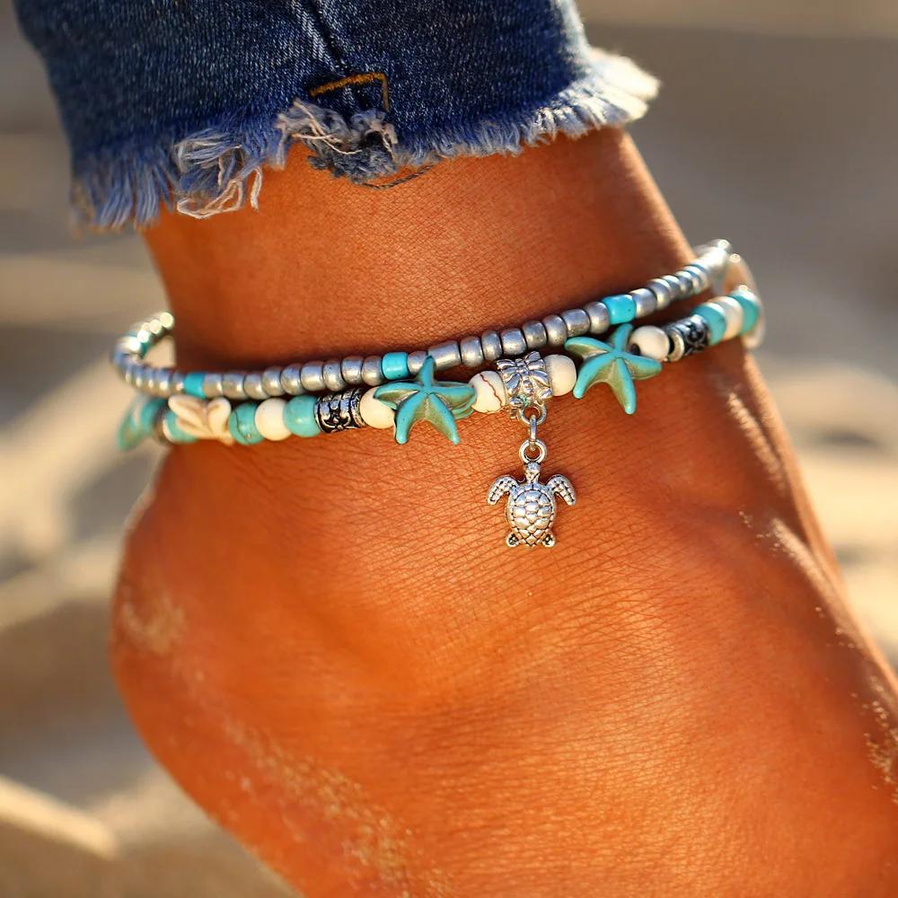 Neue Boho-Fußkettchen mit Muscheln und Seesternen für Damen, modisches Schildkröten-Fußkettchen am Bein, barfuß, handgefertigte Kette, Sommer-Strandschmuck