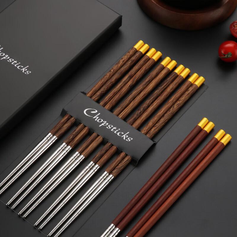 Minai 304 Stainless Steel Non-slip Chinese Style Solid Wood Chopsticks