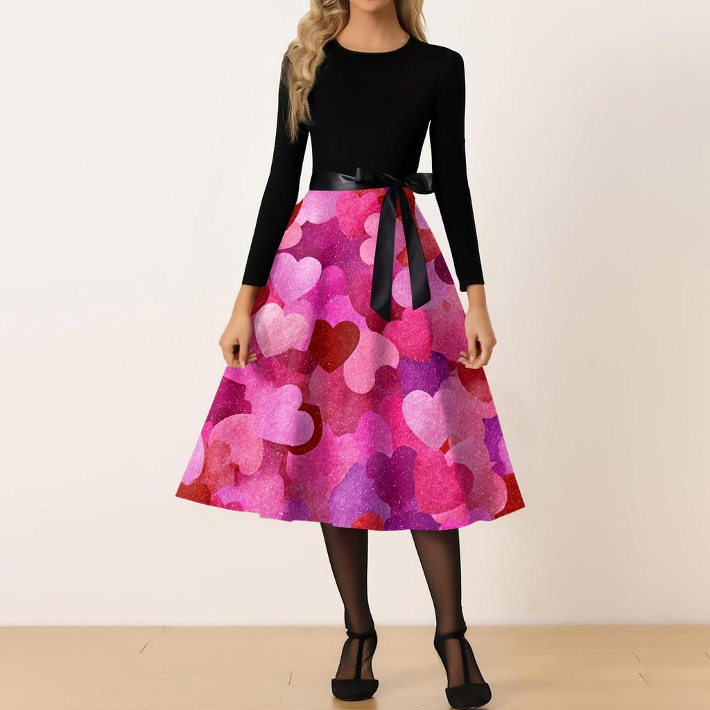 Women's Casual Fashion Round Neck Valentine's Day Printed Retro Dress