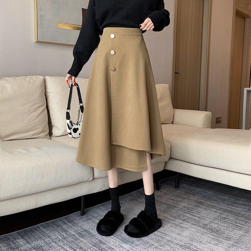 Women's High Waist Woolen A-Line Skirt - Autumn/Winter 2025 Collection, Versatile Mid-Length Irregular Slimming Design