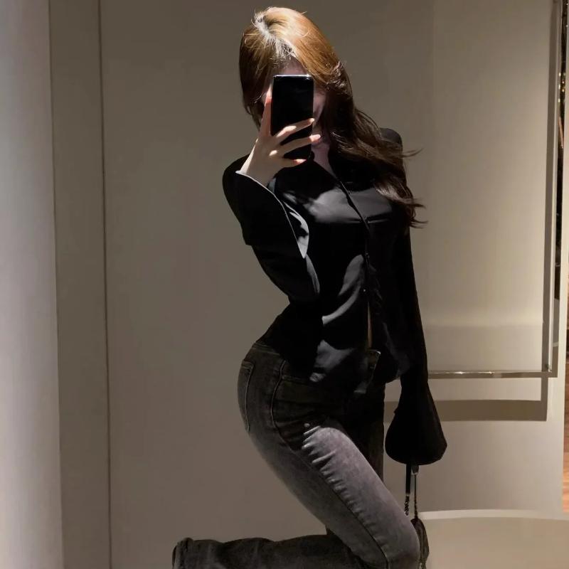 Women Sexy Solid Color Slim Chiffon Shirt Turn-down Collar Flare Sleeve Tunic Bandage Design Vintage Female Blouses Spring 2026
