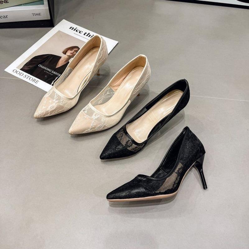 Sexy fashion temperament versatile high heels women's new summer breathable lace mesh women's shoes pointed single shoes