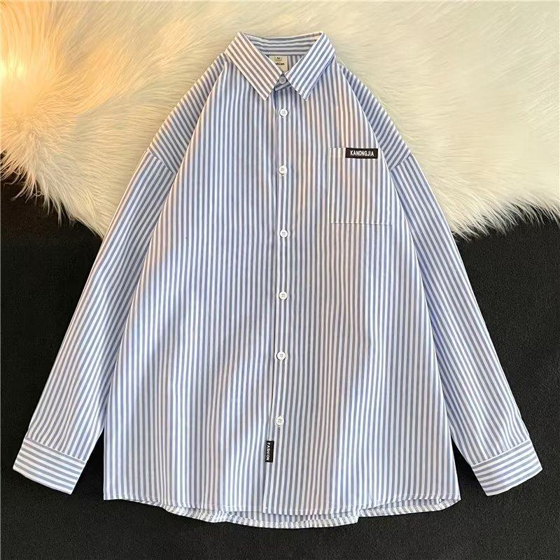 Spring And Autumn Long Sleeved Vertical Stripe Shirt For Men, Fat And Large Casual High Street Youth Shirt