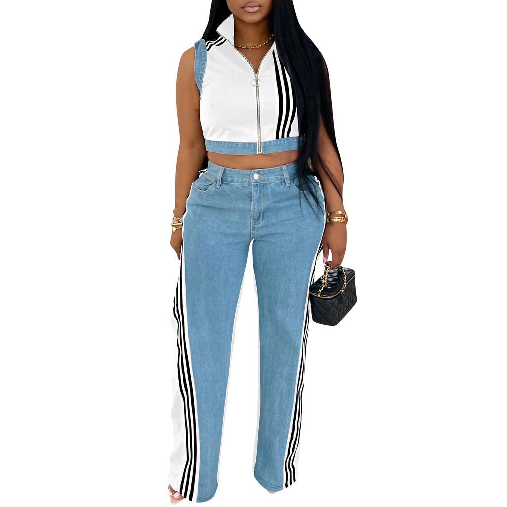 European and American Women's Sleeveless Patchwork Striped Jeans Two-piece Set - Summer Collection