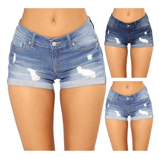 Women Jeans Ripped Mid Waist Solid Color Soft Short Jeans for Daily Wear