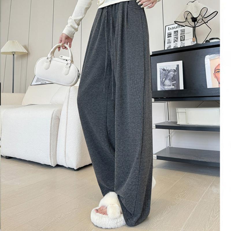 Coffee Glutinous Rice Pants for Women In Autumn and Winter New High-waist Drooping Wide-leg Pants Lazy Knitted Casual Pants