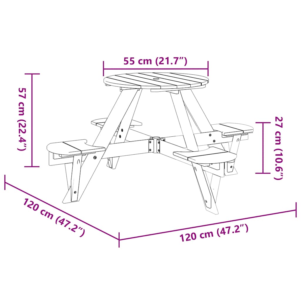 Vidaxl Picnic Table For 4 Children, Round, With Hole For Umbrella