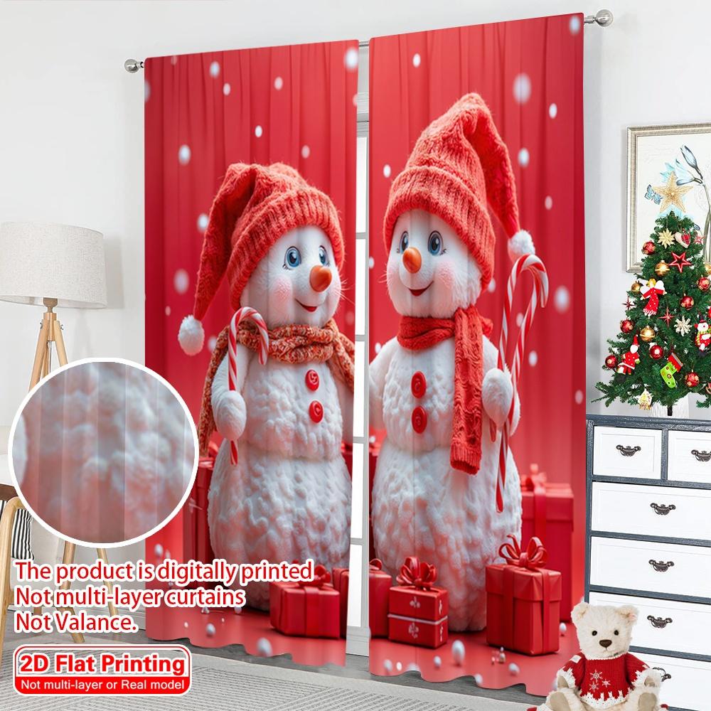 2pcs 2D Flat Printing Merry Christmas Curtain Cute Snowmen Christmas Gifts_b Polyester Without Electricity Festive Holiday for