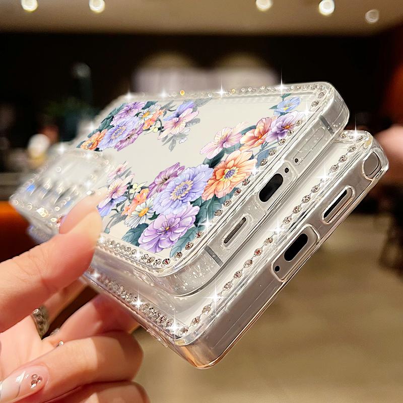 Husă Transparentă cu Cadru Diamant pentru Samsung S25 Edge S24 FE S23 Ultra S22 A56 A36 A16 A15 A55 A35 Model Floral Silicon Moale Antișoc Husă Bumper