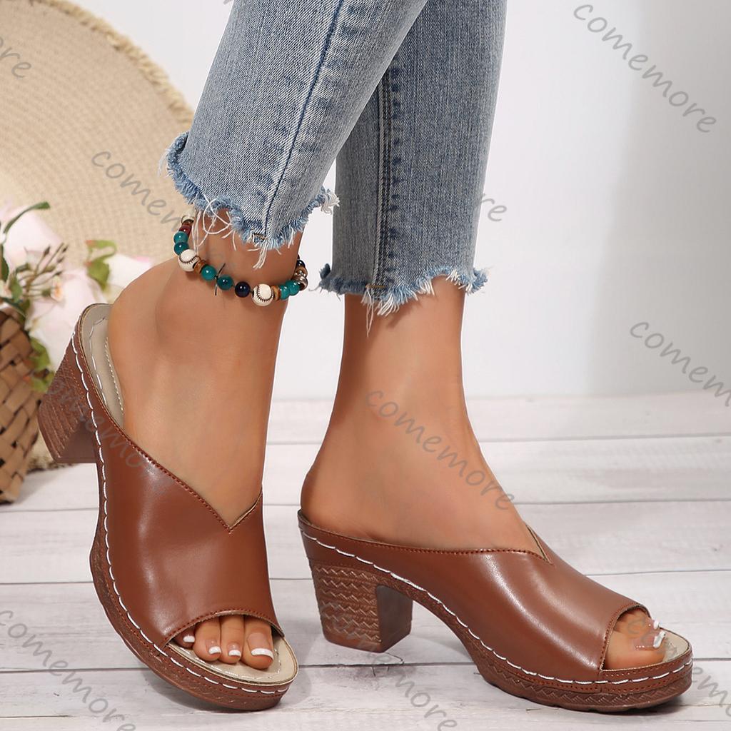 Comemore Summer Peep Toe Sexy Lightweight 7cm High Heel Slippers Fashionable Shallow Mouth Comfortable Casual Slides for Women