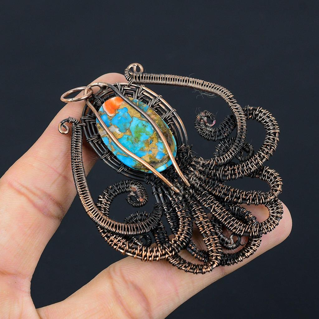 Multi Copper Spiny Oyster Pendant, Handmade Gemstone 999 Copper Wire Wrapped Pendant Antique Jewelry, For Gift Silver Jewelry