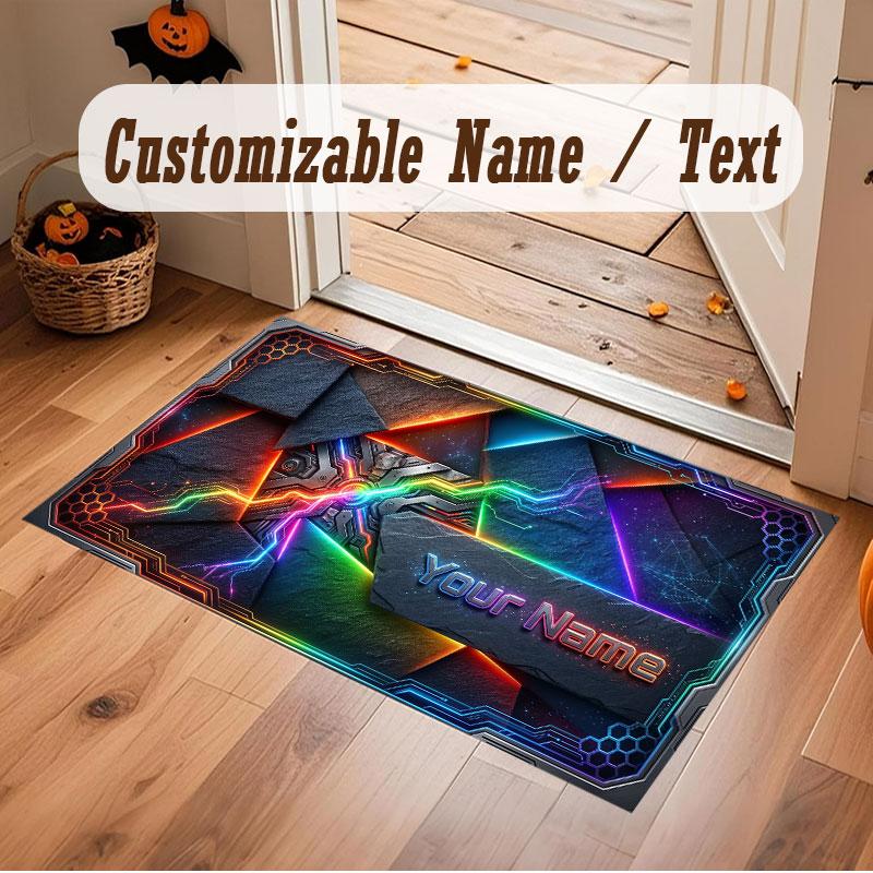 City Cyberpunk Theme Crystal Velvet Floor Rug Personalized Custom Name Text Warm Carpet Home Decoration