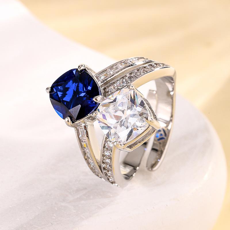 Schmuck Kupferboden Vergoldet Simulationsfarbe Schatz Korund Fett Quadrat Zweifarbiger Stein Temperament Ring Damen 8 * 8