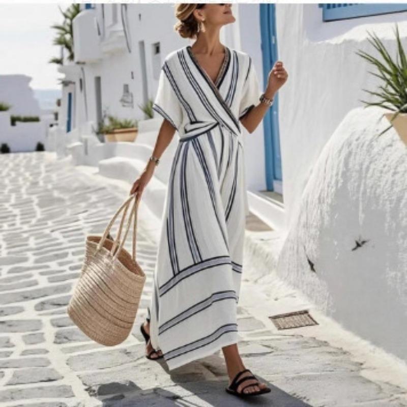 Fashion style summer new striped summer vacation v-neck women s sleeve pleated pendulum dress S белый