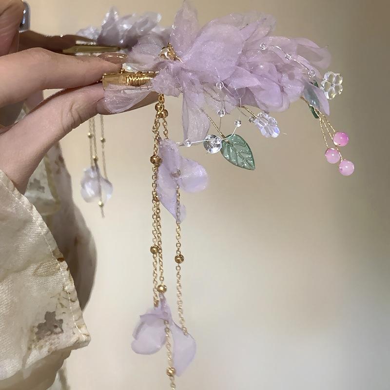 Fabric pearl flower leaf fringed hairpin small fresh sweet versatile duck bill clip simple design hair accessories woman