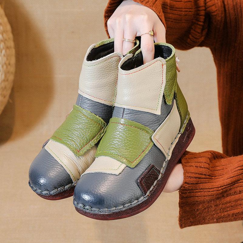 Winter Frau handgefertigt aus echtem Leder flache Stiefeletten weibliche lässig dicke Wolle warme Schneestiefel Mutter wasserdichte rutschfeste Schuhe 35 black