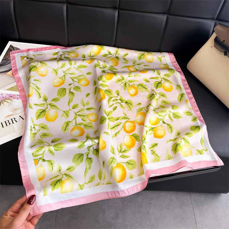 New lemon print scarf imitation silk retro high-end sunscreen shawl neck square scarf scarf silk scarf headscarf