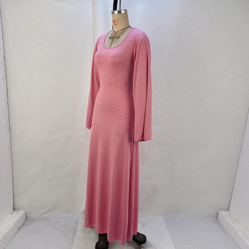 Women's Autumn Loose U Neck Back Tie Long Sleeve Dresses