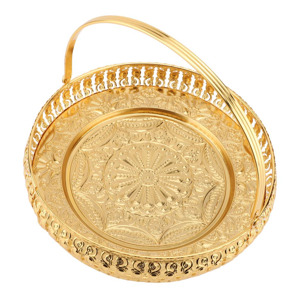 Retro Round Fruit Tray Exquisite Decorative Large Capacity Alloy Dessert Plate with Handle for