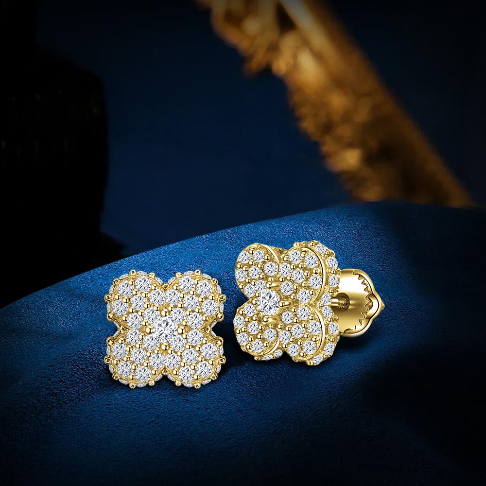 14K Gold Plated Moissanite Four-Leaf Clover Screw Back Stud Earrings