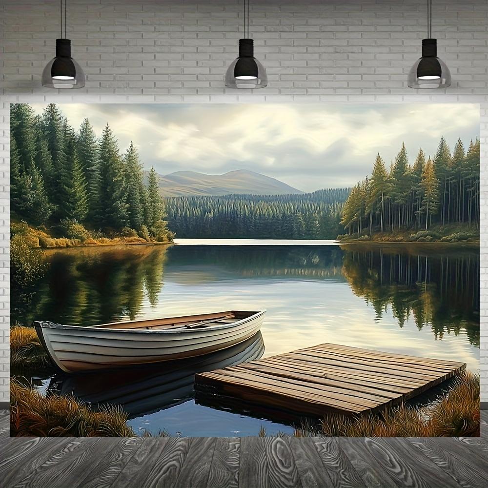 No Installation Needed Easy Hang Nature Landscape Tapestry Serene Lake Boats Mountains Wall Decor Soft Peachskin Fabric