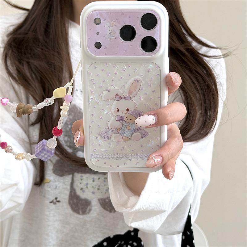 Purple Floral Bunny Teddy Bear Phone Case for iPhone 17/16 Pro Max/15 Pro - High-End Feel