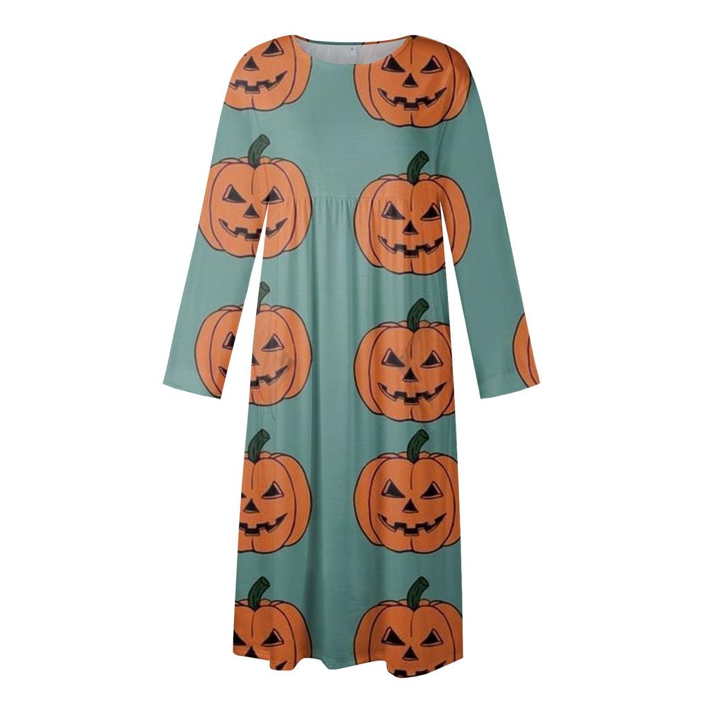 Kvinners uformelle trykk med rund hals. Mellomlang kjole Langermet kjole med lommer