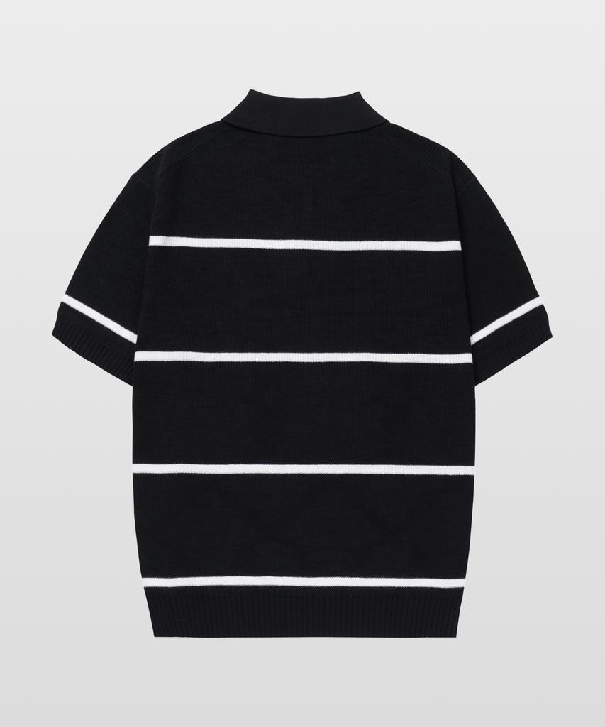 MANNERGRAM Textured Striped 100% Cotton Polo Short Sleeve Knit Black
