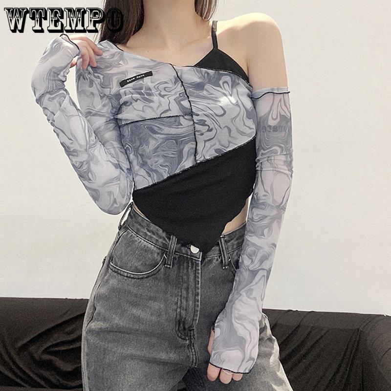 WTEMPO Dámské šik síťované patchworkové tričko s dlouhým rukávem + vnitřní přiléhavý top na ramínka, asymetrické falešné dvoudílné zkrácené topy