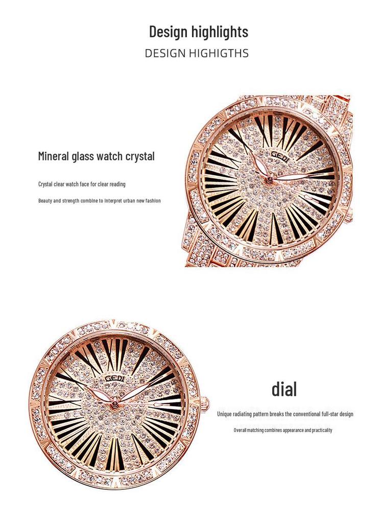 Gedi Starry Sky Women's Diamond Steel Band Waterproof Quartz Watch for Daily Commute or Work.