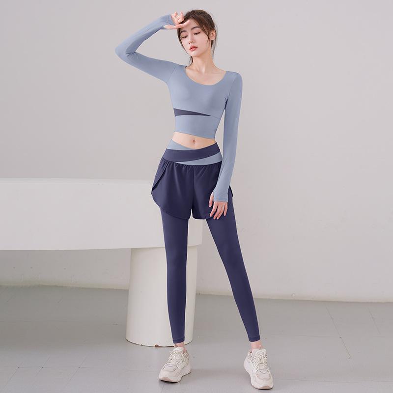 With chest pads, long sleeves, fake two-piece trousers set, running fitness, yoga clothes, sports women's outer wear, quick-drying, high waist