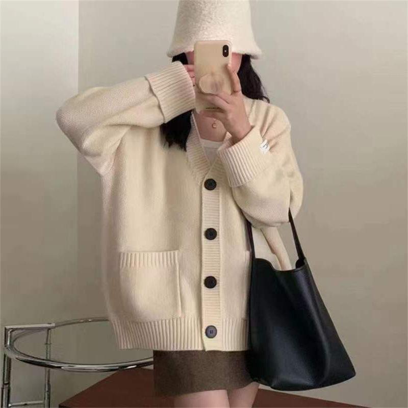 

Autumn and winter new large version V-neck knitted cardigan loose and versatile casual thin sweater jacket women One size