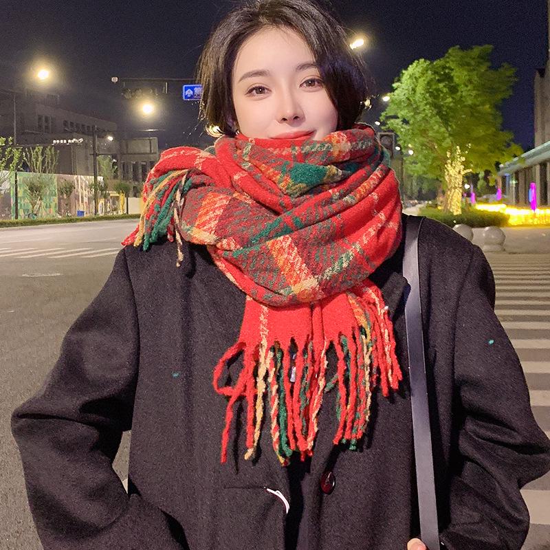 

High-End Korean Style Red Plaid Scarf: Women s Versatile Faux Cashmere Winter Shawl & Neck Warmer